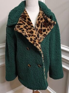 Leopard Pattern Dual Pocket Teddy Coat (Color : Dark Green, Size L)